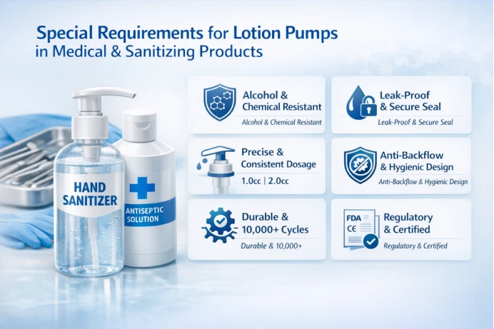 Infographic detailing 6 requirements for medical lotion pumps: Alcohol resistance, leak-proof seal, precise dosage, anti-backflow design, durability, and FDA compliance. Infographic detailing 6 requirements for medical lotion pumps: Alcohol resistance, leak-proof seal, precise dosage, anti-backflow design, durability, and FDA compliance.